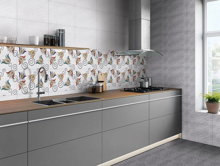 Classy simple kitchen design with textured grey tiles and wooden cabintery